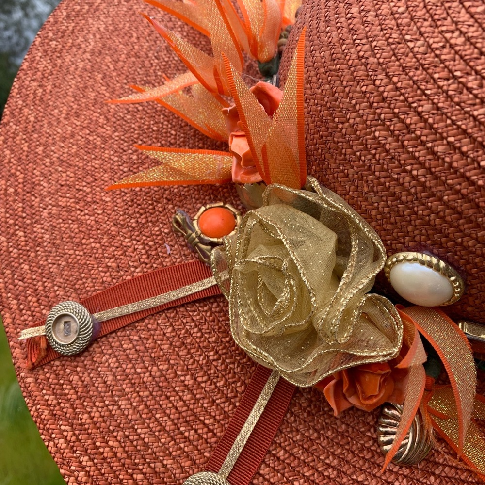 Kreativekristen upcycled Orange wide brim straw Hat with Floral Accents - Picture 11 of 12